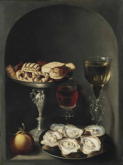 Oysters on a Pewter Plate, Sweetmeats and Biscuits in a Silver Tazza, Two Façon-de-Venise Wine Glasses and an Orange in a Niche by Osias the Elder Beert